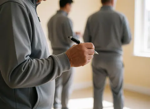 Gros plan sur la main d'un entraîneur de football tenant un stylo pour écrire dans une salle d'entraînement aux murs beiges et à la lumière naturelle.
