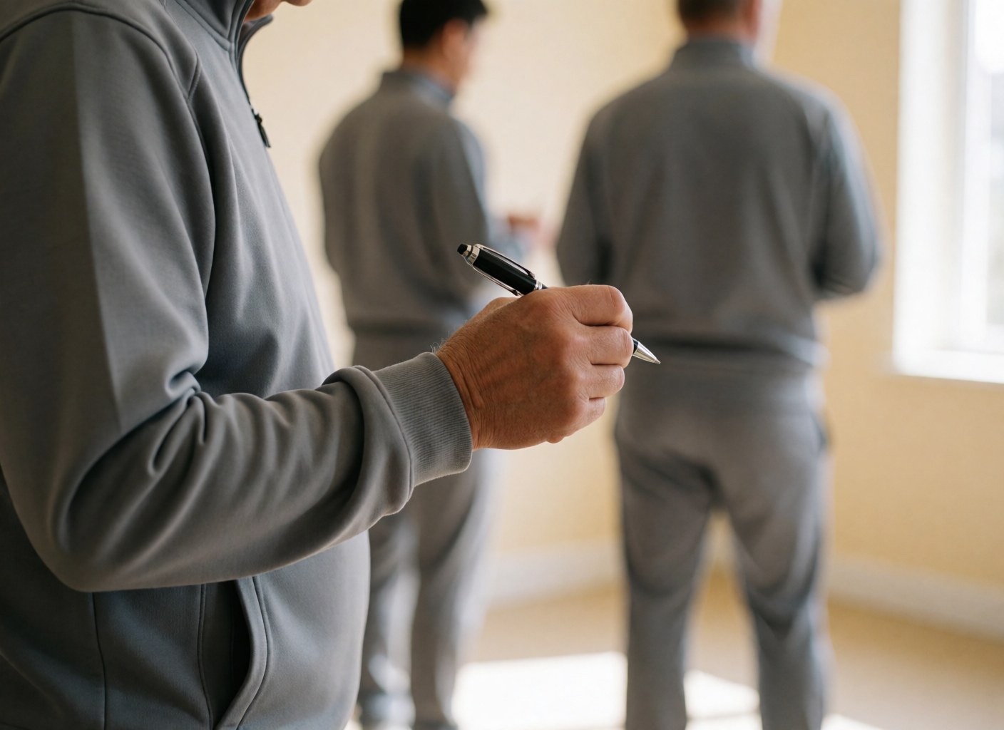 Gros plan sur la main d'un entraîneur de football tenant un stylo pour écrire dans une salle d'entraînement aux murs beiges et à la lumière naturelle.