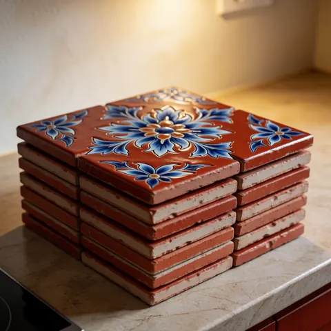 Empilement de carreaux de céramique rouge ornés de dessins floraux bleus posés sur un plan de travail en pierre dans une cuisine éclairée par une lumière chaude.