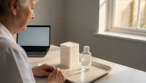Des tampons de coton et une solution saline disposés sur une table propre, prêts pour une procédure de microblading dans un cadre professionnel.