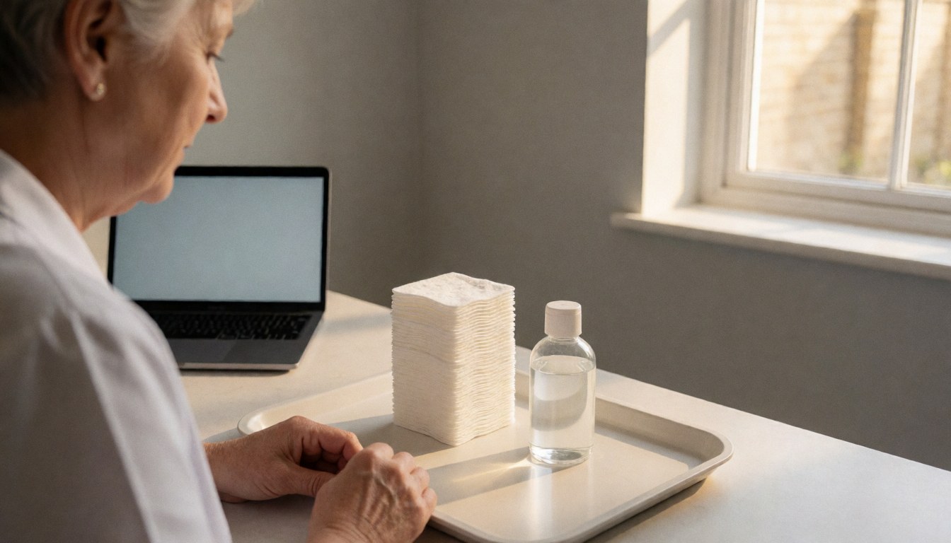 Des tampons de coton et une solution saline disposés sur une table propre, prêts pour une procédure de microblading dans un cadre professionnel.