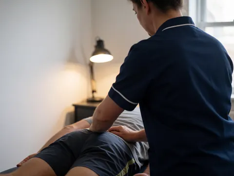 Thérapeute effectuant un massage dorsal sur un client allongé, éclairage de bureau et mur blanc dans la salle de massage.