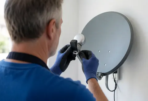 Un technicien en gants ajuste un LNB sur une antenne satellite fixée à un mur blanc, illustrant un service d'installation professionnel.