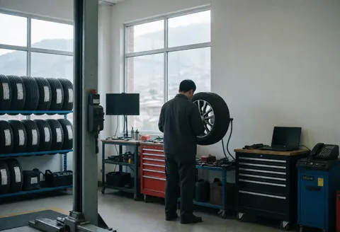 Un mécanicien examine attentivement un pneu dans un garage spécialisé, avec des étagères de pneus et du matériel visible en arrière-plan.