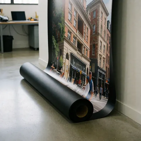Grand vinyle publicitaire avec impression de rue, matériau noir mat, dans un atelier avec sol en béton poli, idéal pour l'impression graphique.