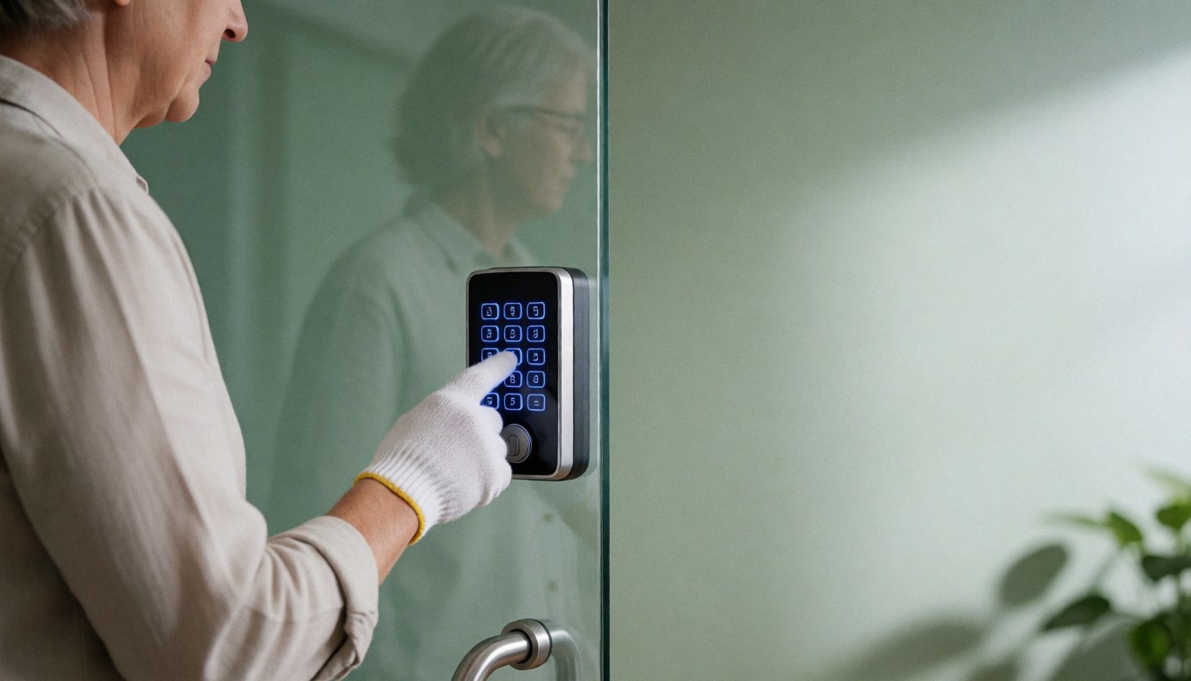 Un professionnel de la serrurerie avec un gant blanc saisit des codes sur un clavier digital lumineux bleu fixé à une porte en verre, devant un mur vert olive.