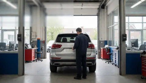 Un technicien examine l'arrière-bumper d'un SUV argenté dans un atelier de carrosserie bien éclairé, avec des outils et des étagères visibles.