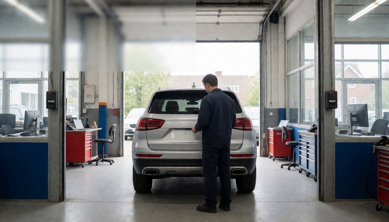 Un technicien examine l'arrière-bumper d'un SUV argenté dans un atelier de carrosserie bien éclairé, avec des outils et des étagères visibles.