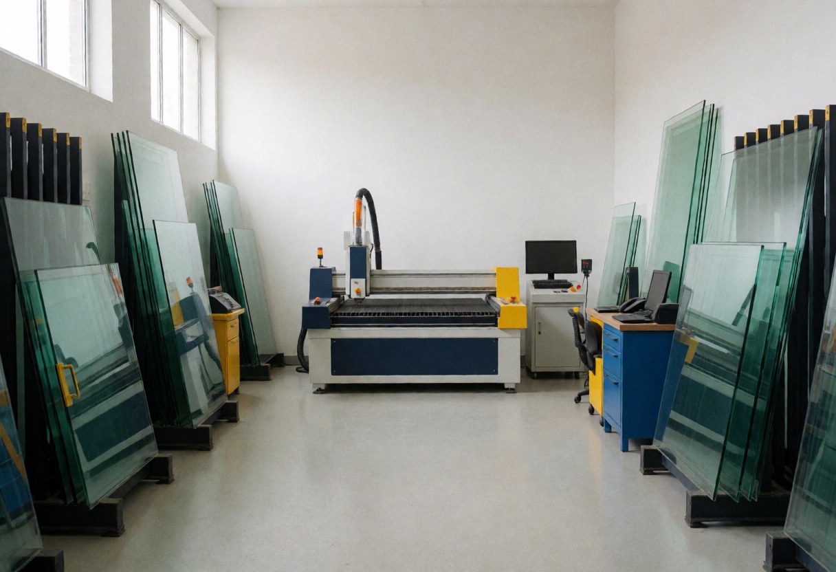 Atelier de vitrerie avec machine de coupe et verres stockés verticalement sur des racks, murs blancs et sol propre.