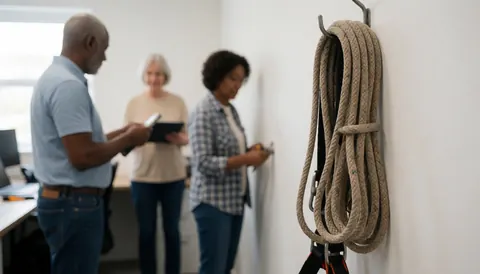 Corde de sécurité enroulée sur une anse de mur blanc avec des personnes floues en arrière-plan dans un espace de travail professionnel.