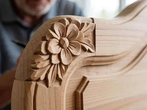 Gros plan d'un détail de sculpture en bois poli montrant une fleur sculptée, le grain du bois visible et un outil de taille dans un atelier d'ébénisterie artisanale.