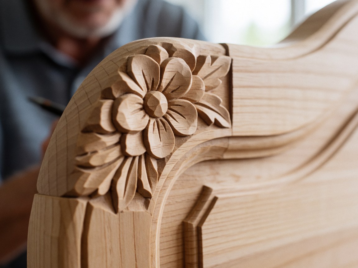 Gros plan d'un détail de sculpture en bois poli montrant une fleur sculptée, le grain du bois visible et un outil de taille dans un atelier d'ébénisterie artisanale.