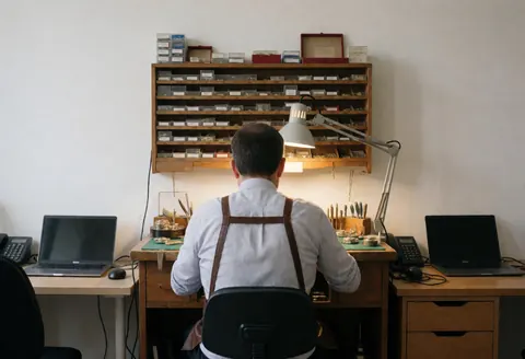 Un horloger concentré effectue une réparation dans un atelier éclairé par une lampe de bureau, entouré d'étagères remplies de pièces et d'outils spécialisés.