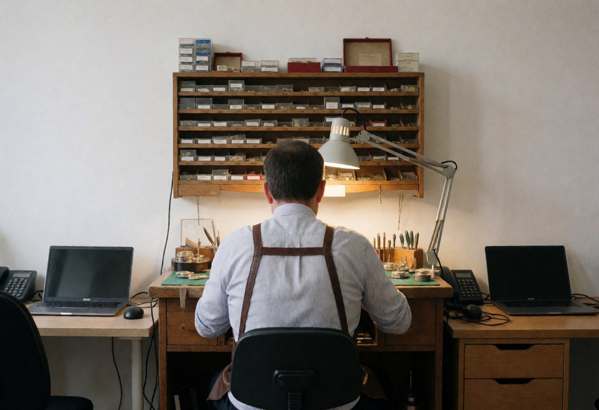 Un horloger concentré effectue une réparation dans un atelier éclairé par une lampe de bureau, entouré d'étagères remplies de pièces et d'outils spécialisés.