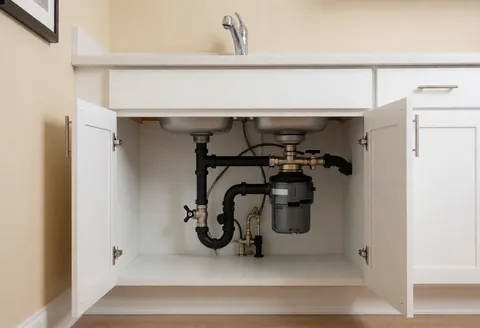 Tuyaux noirs et dispositif de broyage sous un évier de cuisine, dans un armoire blanche avec des murs beige, idéal pour la réparation de tuyauterie.