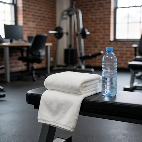 Serviette blanche pliée et bouteille d'eau posées sur un banc noir dans une salle de sport avec murs en briques rouges.