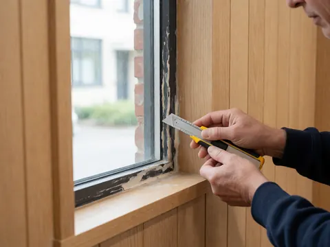 Une main utilise un couteau pour enlever le vieux joint d'étanchéité du châssis de la fenêtre sur un mur en bois lors d'une installation.