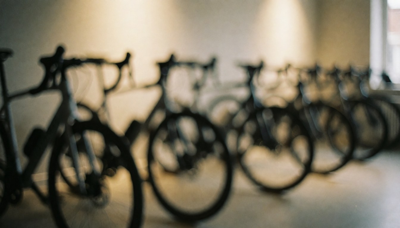 Des vélos de course alignés sur un fond flou avec une éclairage chaleureux, idéal pour un arrière-plan textuel.