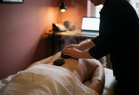 Un thérapeute effectue un massage aux pierres chaudes sur le dos d'un client allongé, avec de la vapeur s'élevant dans une salle de spa à lumière chaude.