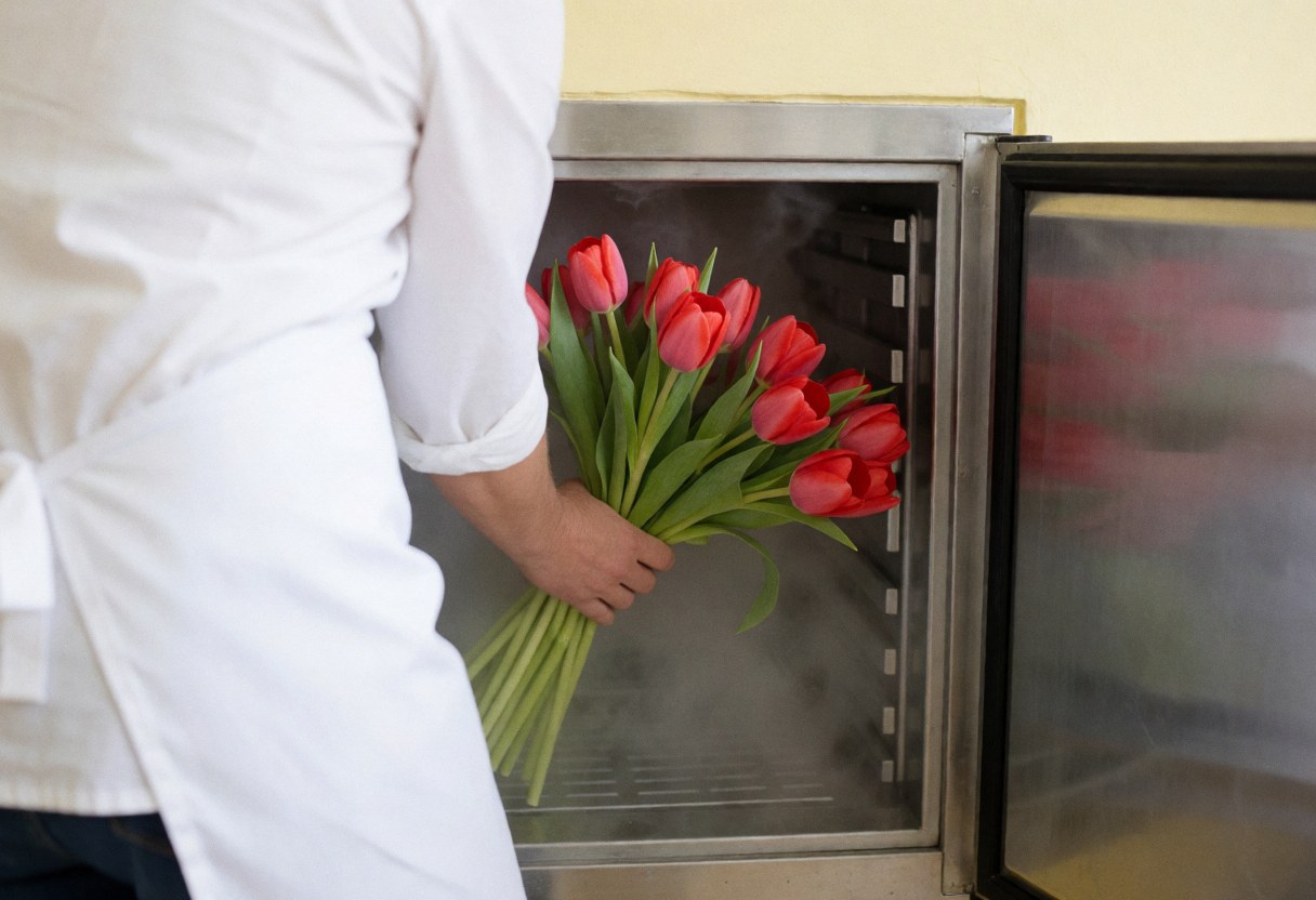Un fleuriste en tablier blanc ajuste un bouquet de tulipes rouges dans un réfrigérateur en acier inoxydable avec de la vapeur visible sur fond crème.
