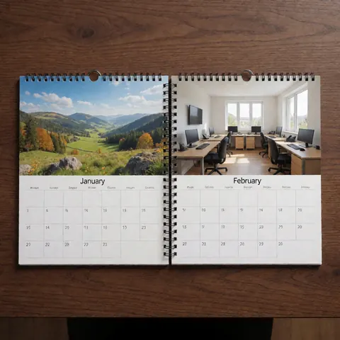 Un calendrier ouvert posé sur une table en bois, affichant une vue de paysage pour le mois de janvier et une scène de bureau pour le mois de février.