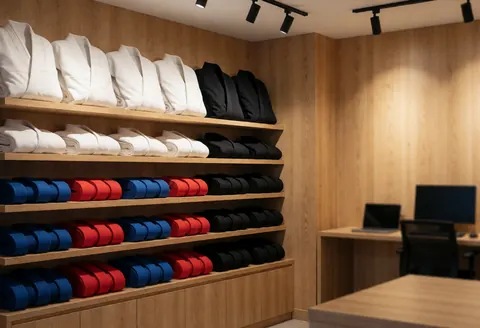 Magasin d'arts martiaux avec gis blancs et noirs, ceintures rouges bleues noires sur étagères en bois, murs en bois et bureau avec ordinateur.