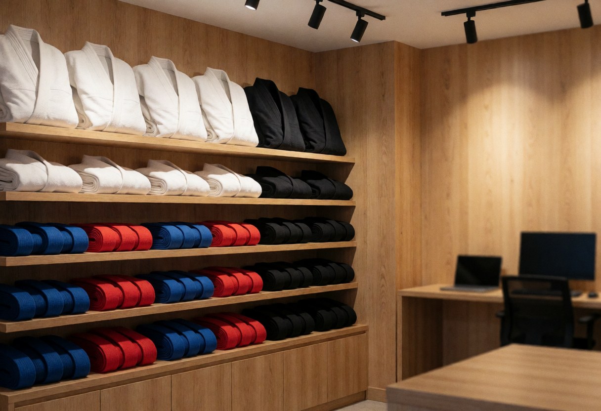 Magasin d'arts martiaux avec gis blancs et noirs, ceintures rouges bleues noires sur étagères en bois, murs en bois et bureau avec ordinateur.
