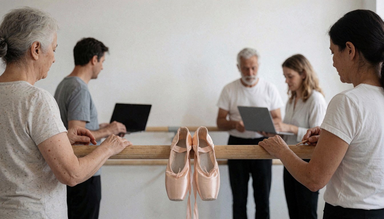 Des chaussures de ballet roses pendent à une barre dans un studio avec des murs blancs et des personnes de dos.