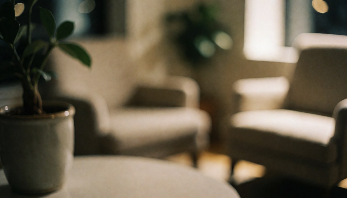 Fond chaleureux composé d'une plante verte en pot et de chaises confortables légèrement floues, créant une ambiance douce et accueillante pour un espace intérieur.