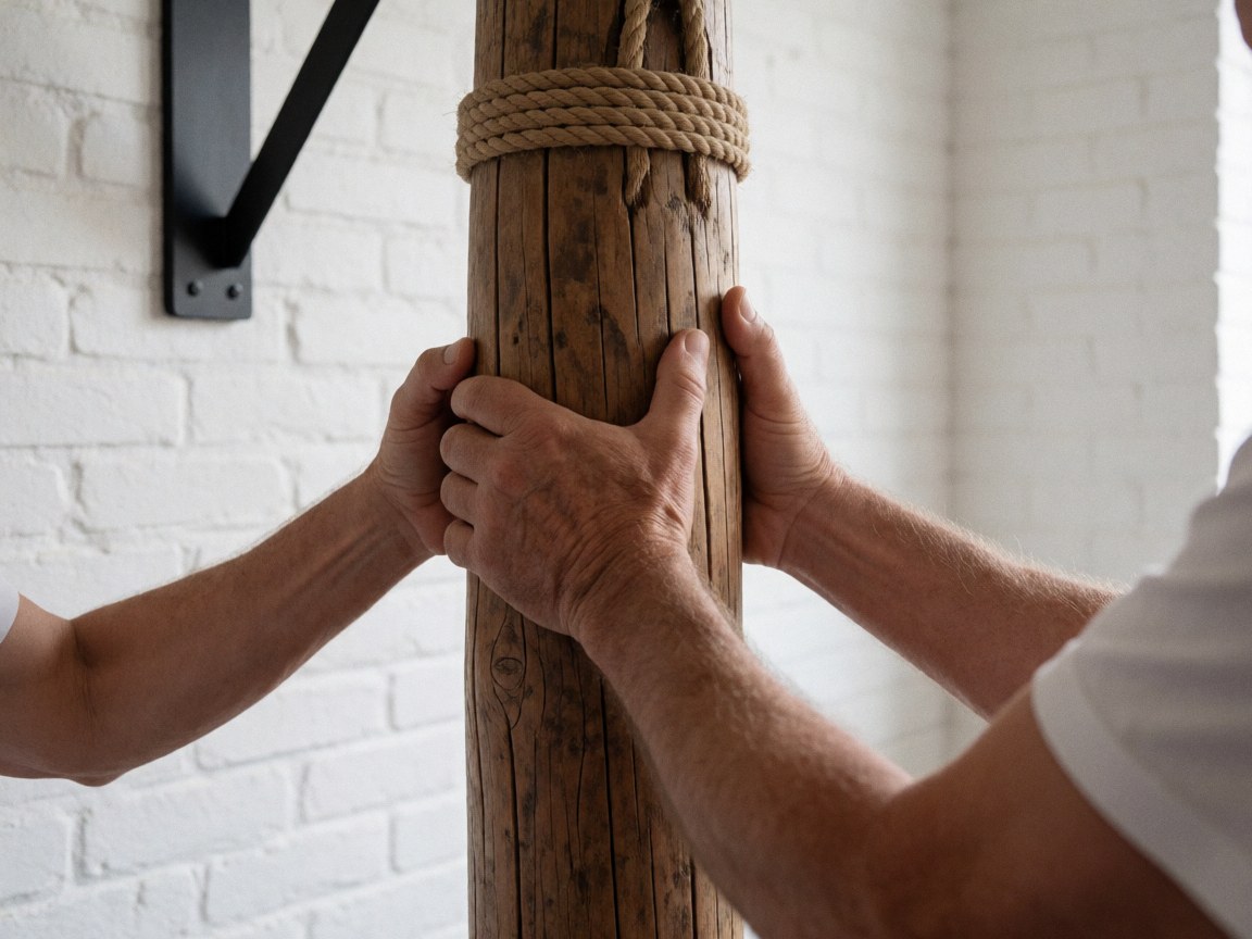 Gros plan sur des mains d'adulte aux jointures calleuses saisissant un makiwara en bois avec des cordes, devant un mur de briques blanches sous une lumière naturelle.
