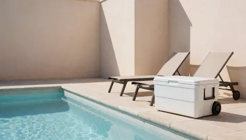 Un réfrigérateur blanc mobile est placé à côté de transats au bord d'une piscine avec des murs beige, idéal pour illustrer un site web de location de vacances.