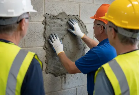 Un maçon professionnel installe une maille de renforcement sur un mur en blocs de béton frais, accompagné de deux travailleurs portant casques et gilets de sécurité.