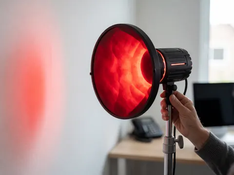 Une main ajuste un filtre rouge sur un support d'éclairage professionnel devant un mur blanc dans un studio de photographie.