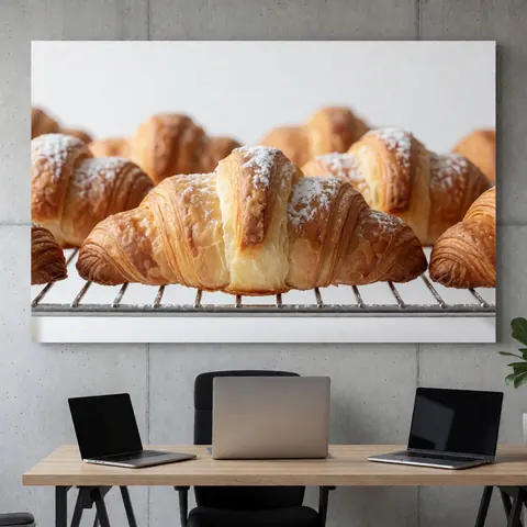 Des croissants dorés saupoudrés de sucre en poudre sont disposés sur une grille métallique, posée devant un mur de béton gris. Idéal pour illustrer la boulangerie ou le petit-déjeuner.