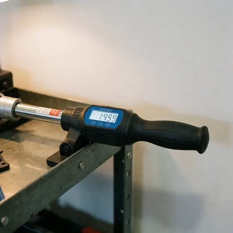 Visseuse numérique avec écran bleu posée sur un chariot à outils métallique dans un atelier de réparation.