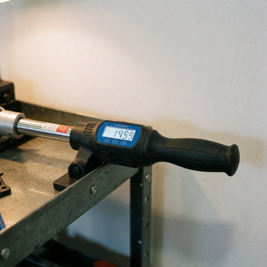 Visseuse numérique avec écran bleu posée sur un chariot à outils métallique dans un atelier de réparation.