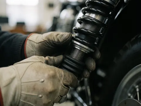 Des mains gantées ajustent un ressort de suspension dans un atelier de motos, avec une botte noire et du métal brillant.