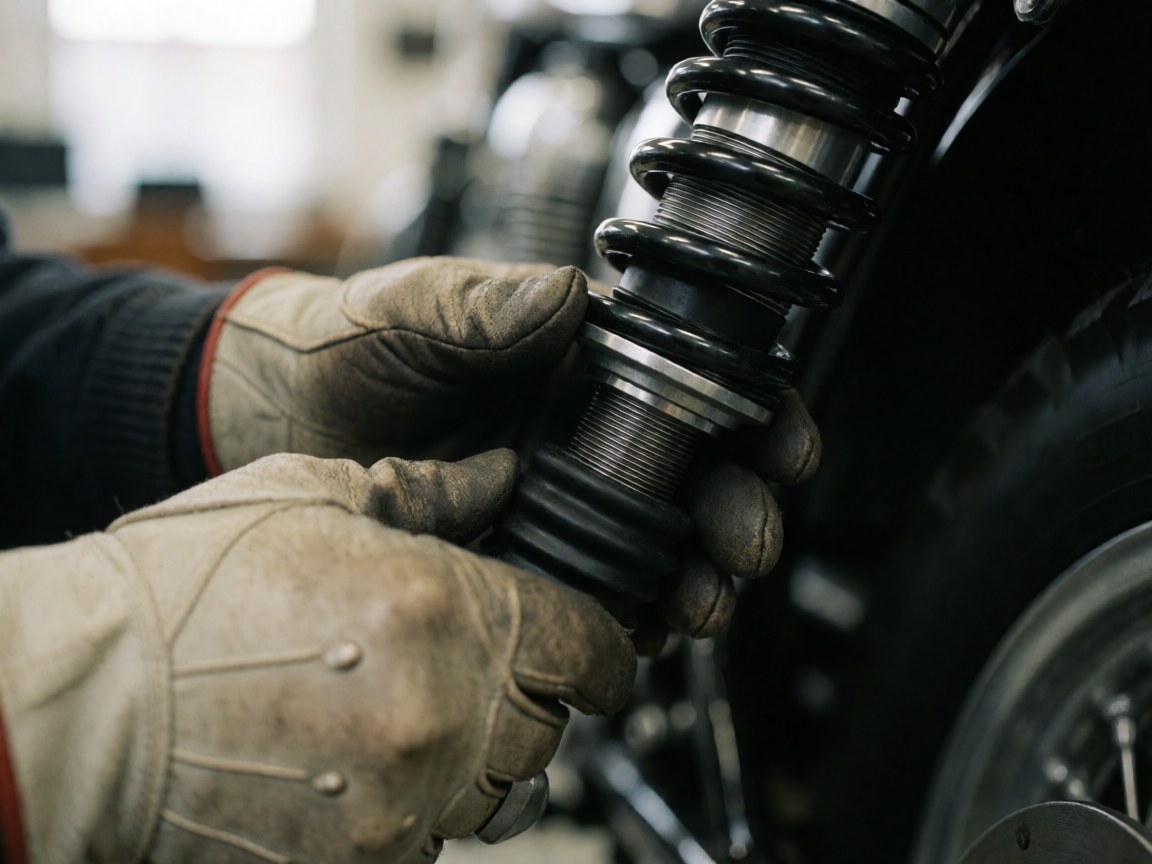 Des mains gantées ajustent un ressort de suspension dans un atelier de motos, avec une botte noire et du métal brillant.