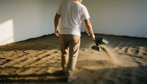 Un jardinier professionnel utilise un outil à main pour semer sur un sol préparé devant un mur blanc sous une lumière dorée, illustrant les services de jardinage.