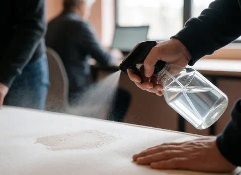 Une main utilise un vaporisateur pour appliquer du nettoyant sur une tache visible posée sur une table blanche dans un environnement de bureau professionnel.