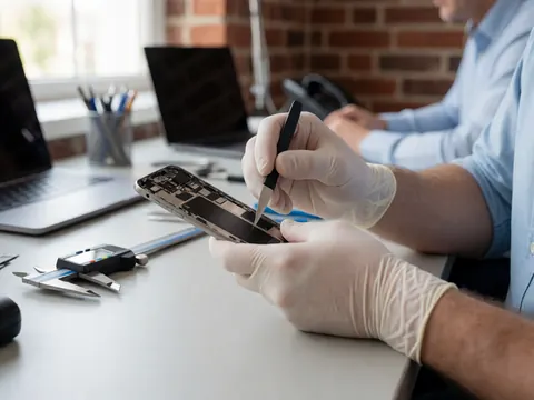 Mains gantées travaillant sur un smartphone ouvert posé sur une table, avec un pied à coulisse numérique, un mur en briques et une lumière naturelle.