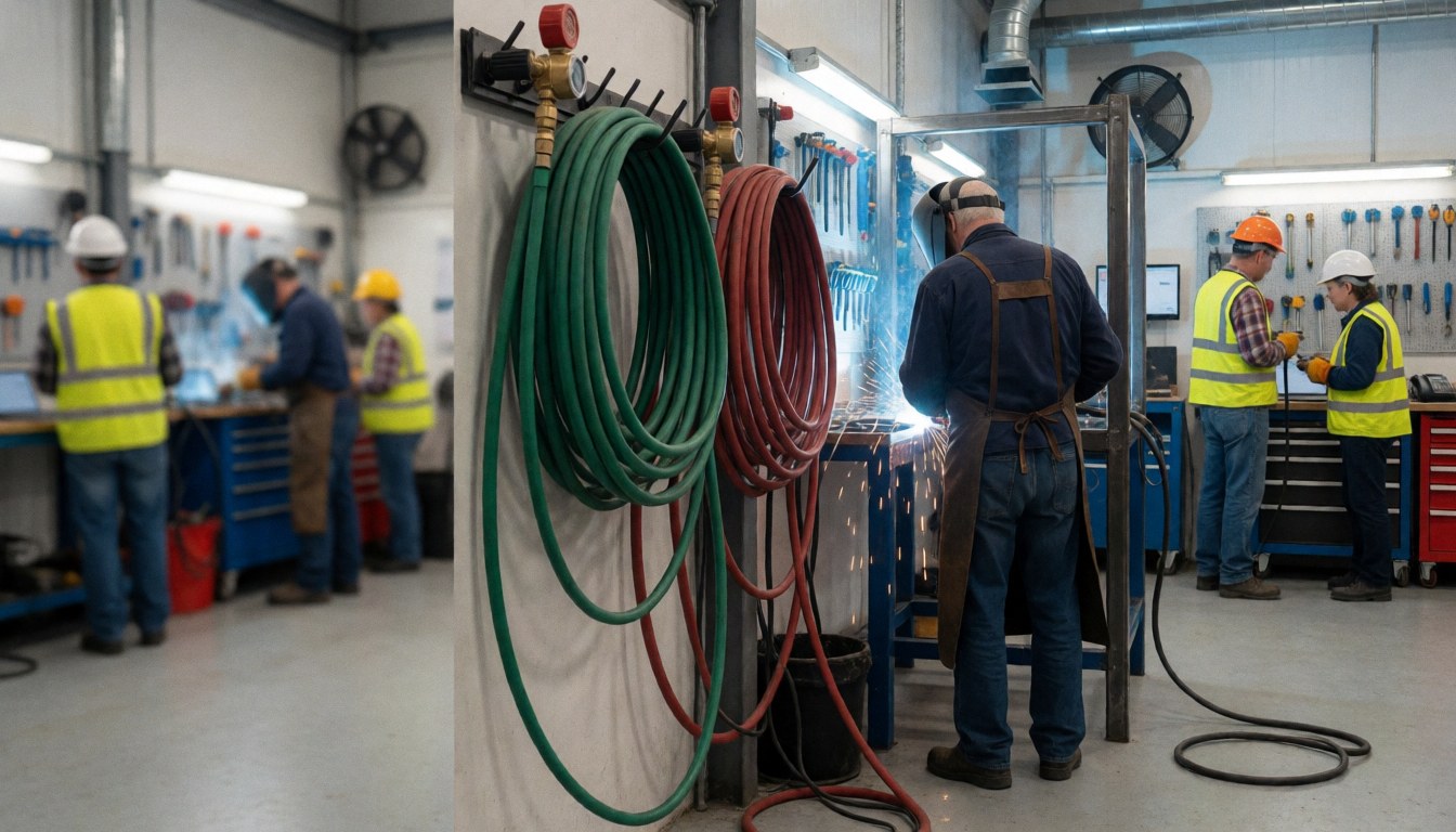 Soudeur en atelier industriel portant un gilet réfléchissant et un casque, travaillant avec des outils de soudure, fond avec d'autres travailleurs et outils suspendus.
