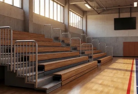Des gradins en bois vides avec des garde-corps métalliques dans un gymnase de basket-ball au sol en parquet et à la lumière naturelle.