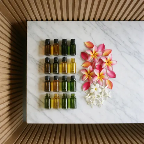 Des bouteilles en verre contenant des huiles essentielles sont disposées sur une surface en marbre blanc, accompagnées de fleurs tropicales colorées.