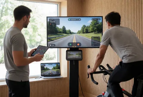 Entraîneur de cyclisme surveillant un client sur un vélo connecté avec écran de route virtuelle, lumière naturelle et murs en bois.