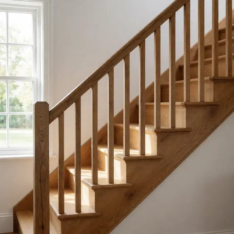 Escalier en bois massif avec rambarde, éclairé par la lumière naturelle dans une maison aux murs blancs, produit de menuiserie.