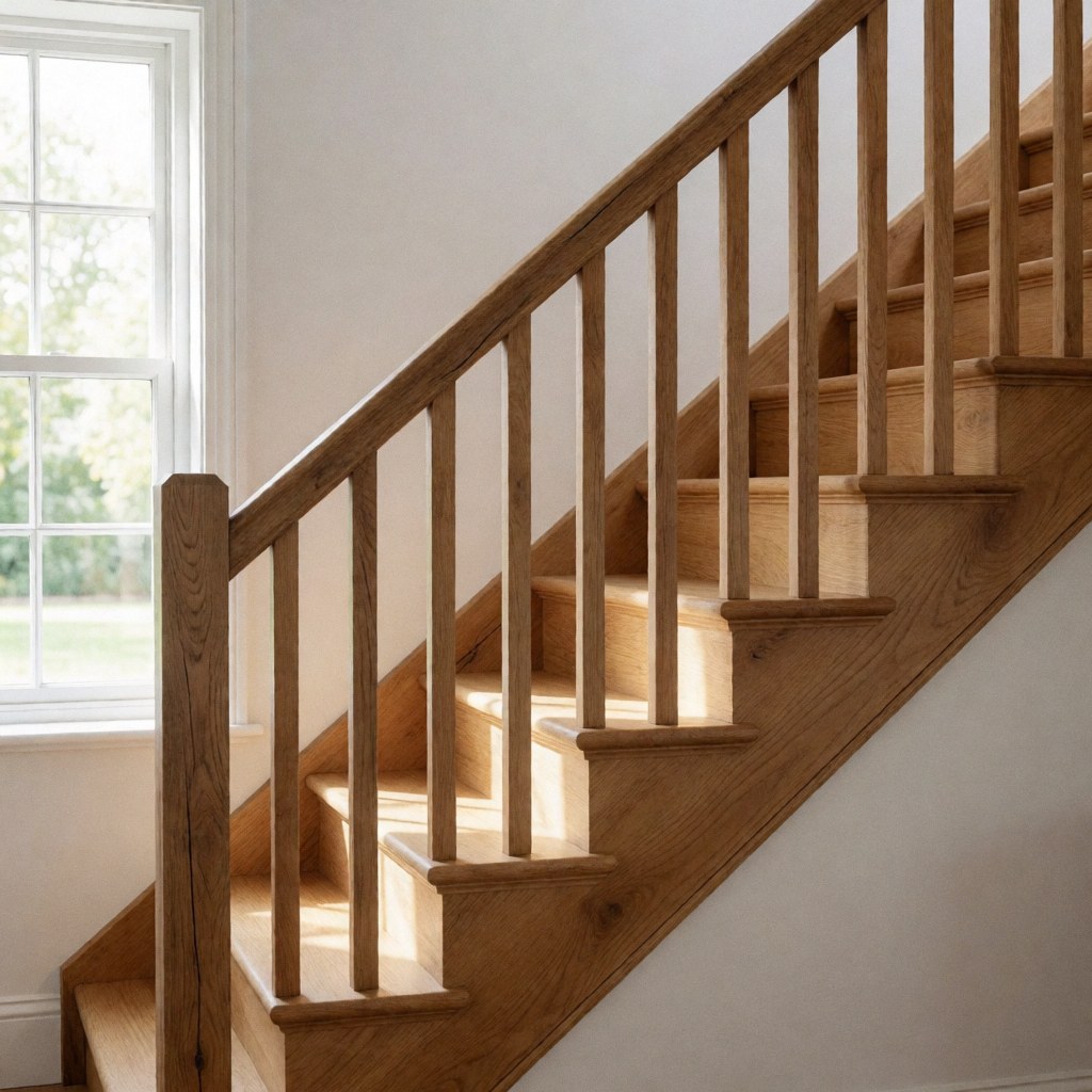 Escalier en bois massif avec rambarde, éclairé par la lumière naturelle dans une maison aux murs blancs, produit de menuiserie.