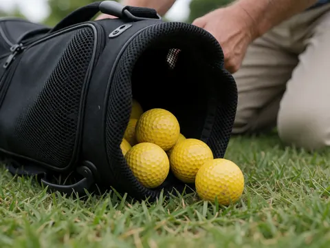 Sac de golf noir posé sur l'herbe verte contenant des balles jaunes, détail des outils d'instructeur de golf