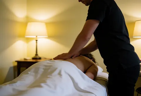 Un thérapeute professionnel masse le dos d'un client allongé sur une table de massage recouverte d'une serviette, dans un espace aux tons chaleureux.