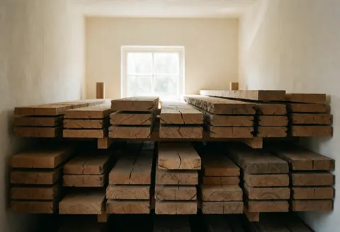 Des planches de bois brut empilées dans un entrepôt aux murs blancs et à la lumière naturelle, idéal pour un sculpteur sur bois.